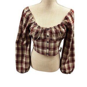 Love Tree Large Cropped Plaid Off-Shoulder Top - Red and Cream